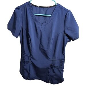 HeartSoul Womens Navy Blue Notched V-Neck Scrub Top Short Sleeve Size Small S